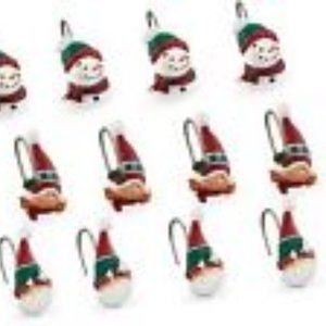 12 CHRISTMAS Santa Elves Gnome Shower Curtain Hooks Bath Decoration Accessory